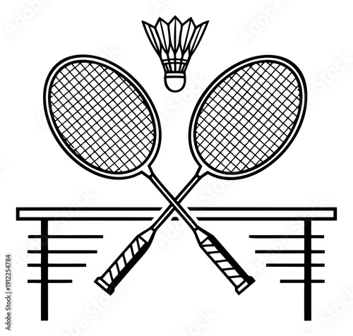 Line art badminton gear set featuring crossed rackets, a shuttlecock, and a net for sports design