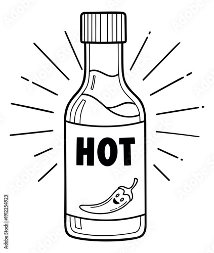 Hand drawn line art illustration of a hot sauce bottle depicting a hot label with a smiling chili pepper for food and seasoning concepts