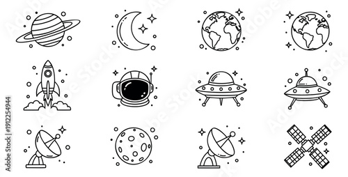 Line art space set featuring planets, rockets, ufo, and an astronaut helmet for science and exploration themes