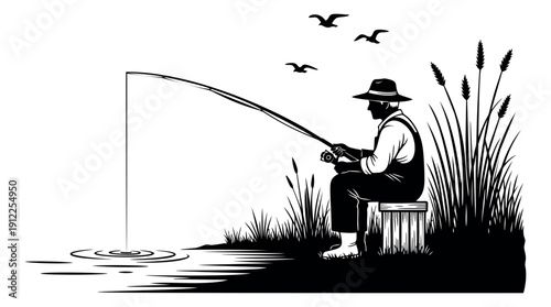 Graphic illustration of a fisherman depicting fishing in nature for outdoor recreation
