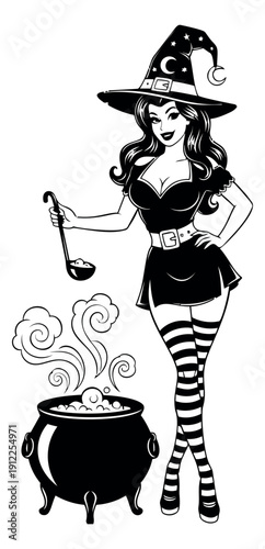 Pin up style line art illustration of a witch depicting her preparing a potion for Halloween