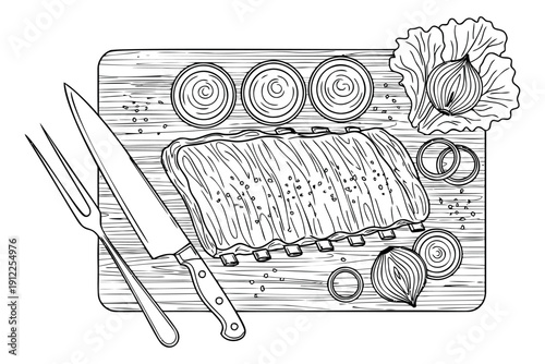 Hand drawn line art food set featuring ribs, knife, fork, onions, and sauces on a wooden board for culinary themes