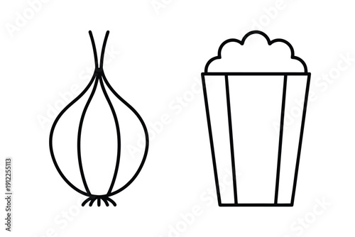Onion And Popcorn Linear Icons Set, Food Ingredients Vector