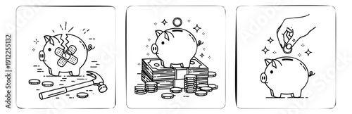Hand drawn line art piggy bank icon set featuring broken, full, and saving piggy banks for financial management concepts