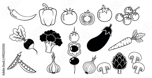 Hand drawn line art and silhouette vegetable set featuring peppers, tomatoes, broccoli, and other garden produce for healthy eating and cooking