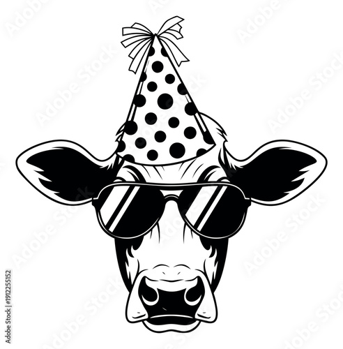 Line art illustration of a cow depicting wearing a party hat and sunglasses for a birthday celebration