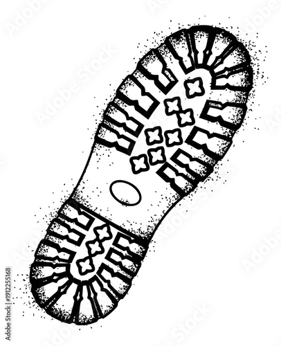 Hand drawn line art grunge illustration of a boot print depicting a dirty tread mark for outdoor and adventure themes