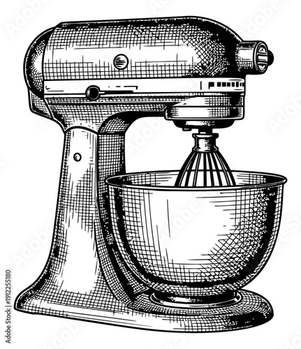 Hand drawn line art illustration of a stand mixer depicting a kitchen appliance for baking and cooking