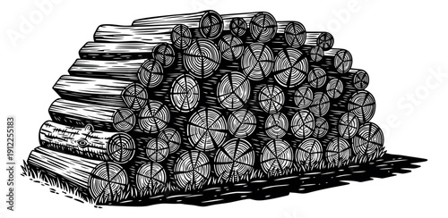 Woodcut style illustration of a firewood stack depicting neatly piled wooden logs for warmth and energy