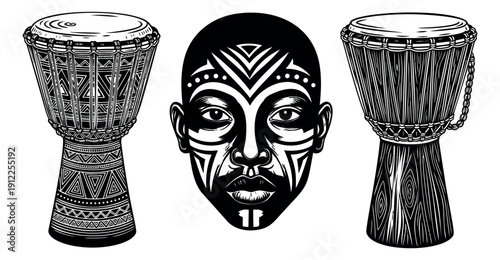 Hand drawn line art cultural objects set featuring djembe drums and a tribal face for African music and tradition