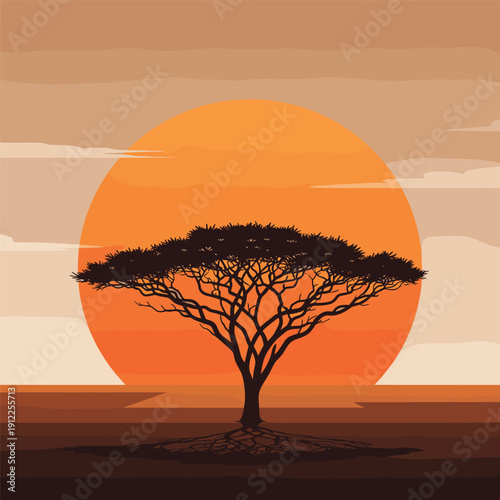 Acacia Tree Silhouette Against Orange Sunset.