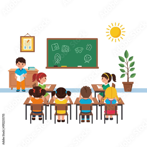 A colorful classroom scene with a teacher and students learning