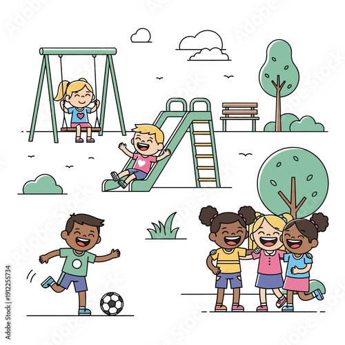 Children playing at a park with a swing set slide and soccer ball