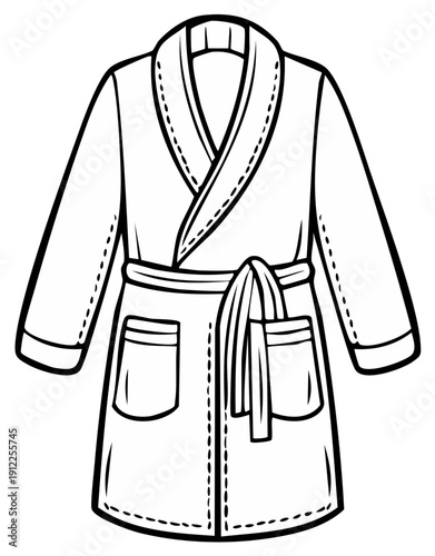 Black and white illustration of a comfortable bathrobe with belt and pockets, isolated.