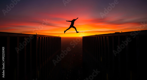 Silhouette Jumping Across Buildings at Sunset, Risk-Taking and Courage Concept, 16:9