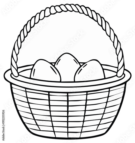 Black and white drawing of a woven basket holding three eggs with a rope handle