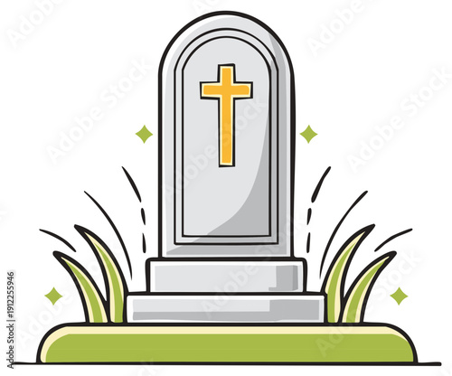 Gravestone with cross illustration symbolizes remembrance and eternal rest in a cemetery