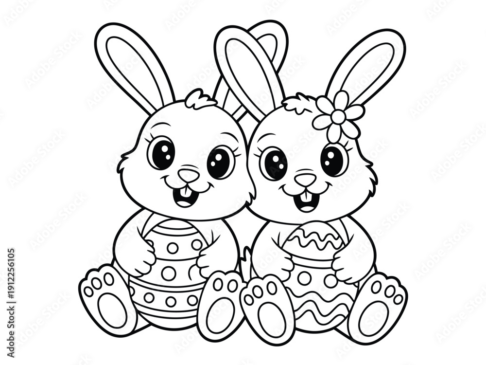 Obraz premium Two cute cartoon bunnies sitting together in Easter eggs on a white background
