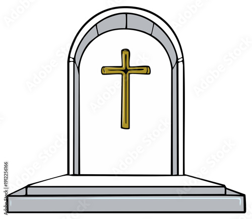 Golden Christian cross centered in an arched religious monument or shrine graphic