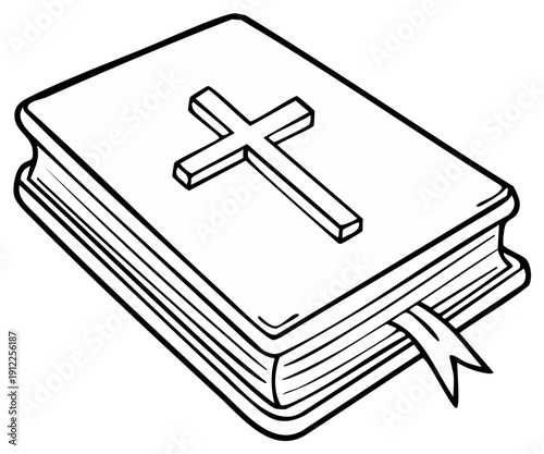 Black and white line drawing of a Bible with a cross symbol embossed on the cover and a bookmark.
