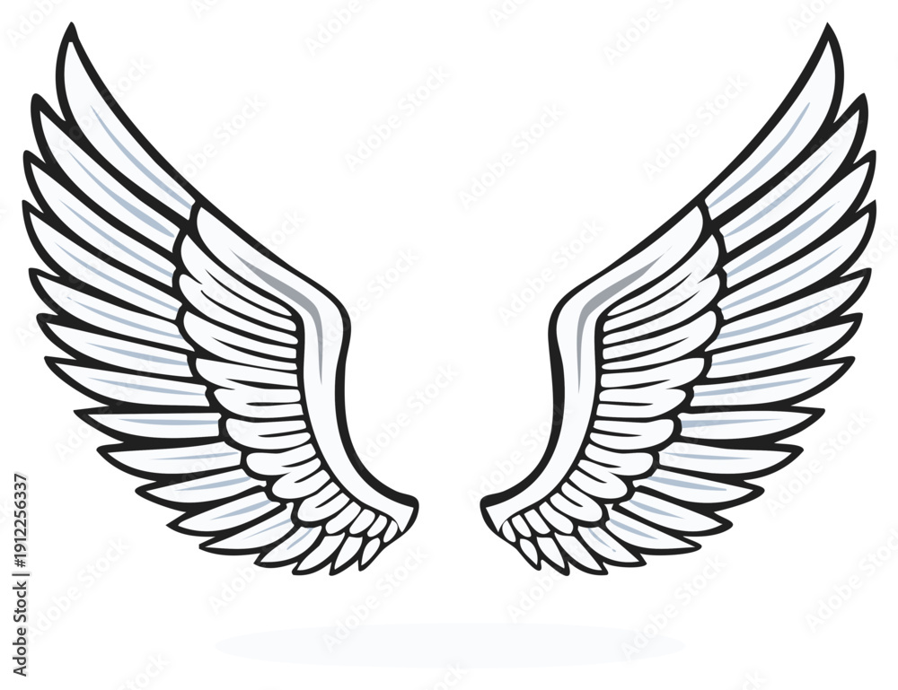 Obraz premium Symmetrical pair of feathered wings in black and white representing flight or protection, angel wings clip art