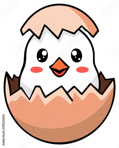 Cute cartoon chick hatching from a cracked egg with rosy cheeks and big eyes