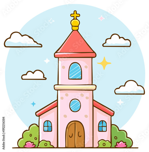 Charming cartoon church with a golden cross on its steeple and green shrubs under a bright sky