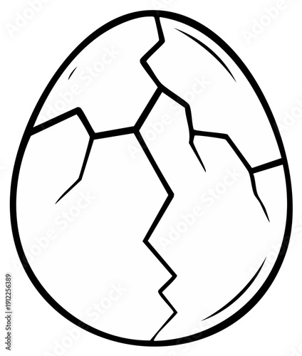 Cartoon eggshell with cracks, hatching, isolated black and white outline illustration