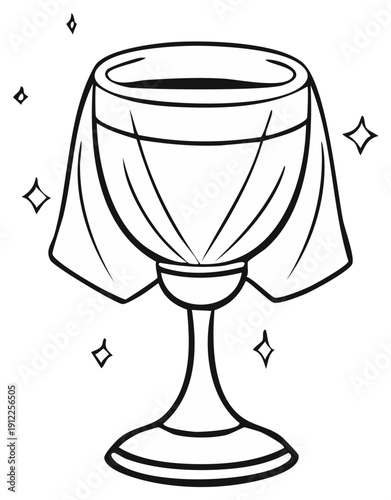 Drawn holy grail goblet filled with dark liquid and draped with a cloth with sparkling highlights