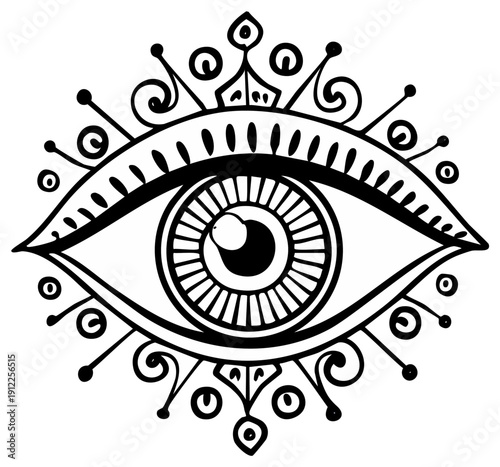 Stylized Mystical Eye Symbol with Ornate Black and White Bohemian Decorative Elements