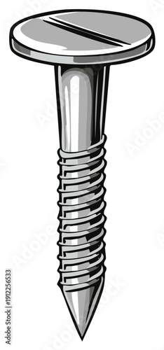 Single metal wood screw with flat slotted head vector illustration for construction and hardware concepts