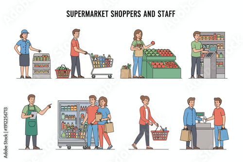 Shoppers and Staff Interacting in a Grocery Store Environment