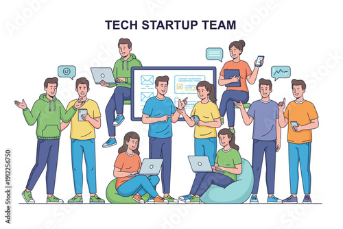 Startup Team Collaboration, Technology Innovation, Office Space, Illustration, Creative Environment, Teamwork Concept