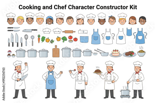 Chef Character Constructor Kit, Culinary Arts, Creative Environment, Vector Illustration