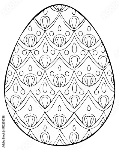 Ornate Easter egg line art with detailed patterns, perfect for a coloring book activity