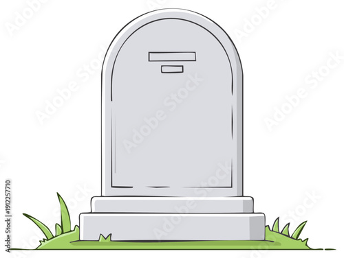 Simple cartoon illustration of a blank gray tombstone on green grass