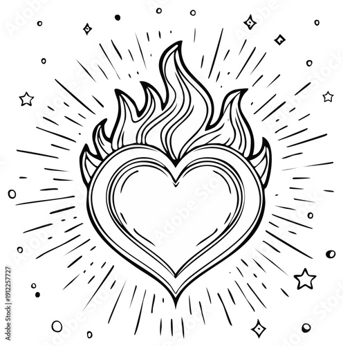 Hand-drawn flaming sacred heart with radiant burst and star elements showcasing passion and spiritual devotion
