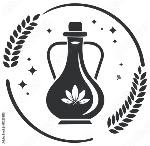 Illustration of Hemp Oil Bottle with Wheat Stalks and Sparkling Stars in Circle Design