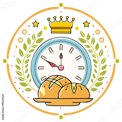 Clock with crown and bread illustration, food and time concept for baking and cafe designs