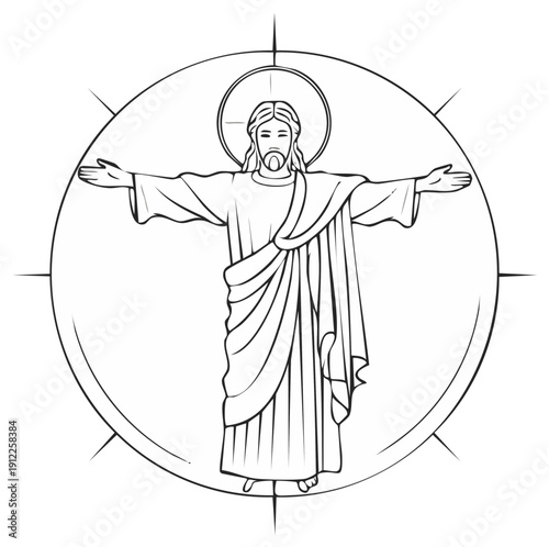 Linear depiction of a spiritual figure with arms outstretched. Religious icon with a halo and robe.