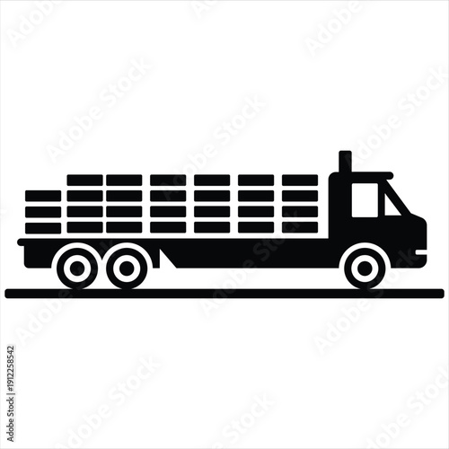 Sleek black vector icon depicting a long cargo truck carrying goods, representing streamlined freight and shipping operations.