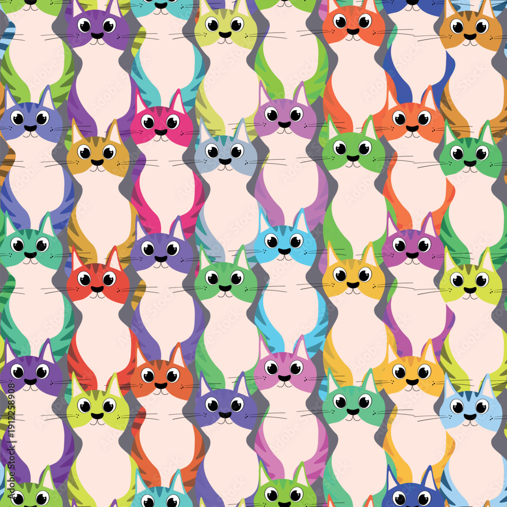 Obraz premium Seamless pattern with funny cute kittens. Different cats on color background. Fashion print for kids, childish texture. Vector illustration for fabric, textile, wallpaper, home clothing, pajama.