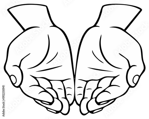 Open Empty Hands in Receiving Gesture Black and White Line Art Illustration