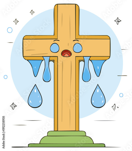 Sad crying wooden cross character with tears cartoon illustration