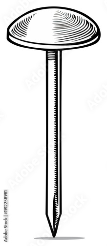 Vintage style hand drawn illustration of a single decorative upholstery nail or pushpin with a pointed shaft