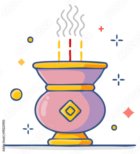 Vibrant cartoon incense burner with burning joss sticks and smoke, symbolizing cultural tradition and prayer ritual