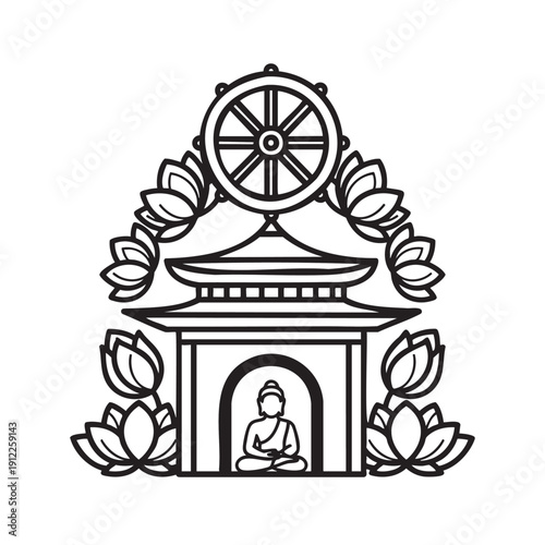 Buddhist shrine illustration with dharma wheel and lotus flowers