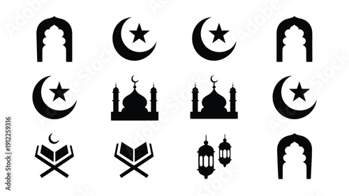 Ramadan icons set including mosque crescent moon star lantern and quran on white background