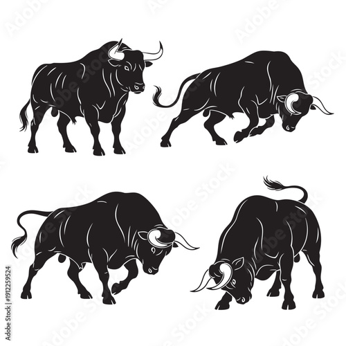 Four aggressive bulls in different dynamic poses isolated illustration