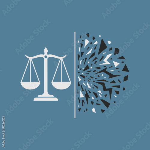 Scales of justice on the left, shattered glass on the right, symbolizing legal breakdown.